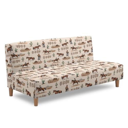Cowboy Horse Armless Futon Cover Elastic Couch Cushion Cover Removable Futon Sofa Bed Slipcover Adjustable Furniture Protector for Home Living Room Decorations