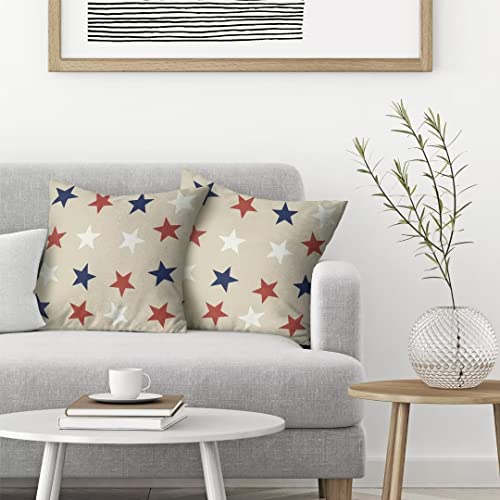 4th of July Throw Pillow Cover, 18x18 Inch Set of 2 Blue Red White Stars Patriotic Decorative Outdoor Cushion Cover Independence Memorial Day Pillow Cases Linen Farmhouse for Sofa Couch Bed