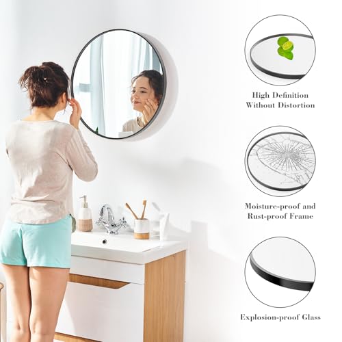 Sweetcrispy 24 Inch Round Wall Mirror with Tempered Glass, Bathroom Mirror Over Sink, Anti-Fog & Waterproof Round Mirrors for Bathroom, Entryway, Bedroom, Shatterproof Design, Black