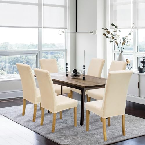 Velvet Dining Chair Covers,Dining Room Chair Covers Set of 6,Stretch Kitchen Chair Cover,Soft Washable Dining Chair Cover,Parsons Chair Slipcovers Protective,for Home,Restaurant,Banquet(Cream)