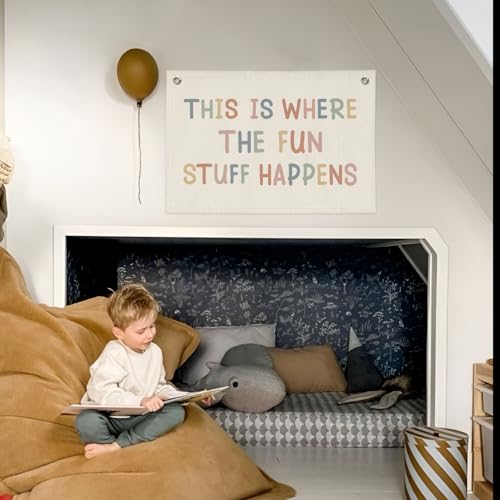 Playroom Wall Decor, Boho Classroom Decorations, Kids Room Decor Canvas Banner Wall Hanging Flag, This is Where All The Fun Stuff Happens Banner