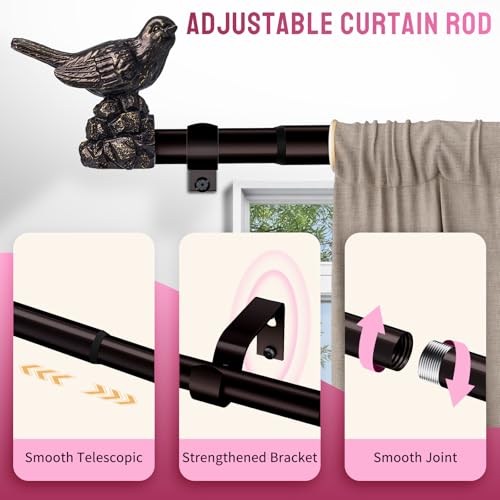 Curtain Rods for Window 18 to 45 Inches Vintage Bronze Curtain Rod with Bird Finials Adjustable Drapery Rod Heavy Duty Curtains Rods for Living Room Kitchen Window