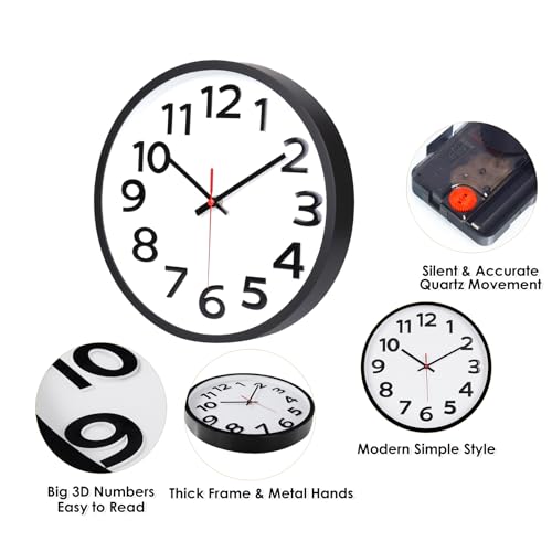 Wall Clock 12 Inch Silent Non-Ticking Big Numbers Easy to Read Wall Clocks Decorative for Office School Bedroom Home