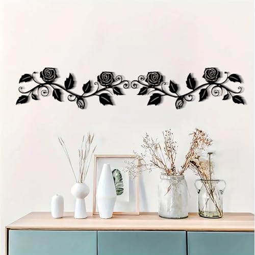 DUOOLN 2 Pcs Metal Rose Tree Leaf Wall Decor, Long Iron Scroll Vine Wall Art Above, Rustic Hanging Sign Flowers Sculpture, For Above Door Living Room Office Indoor And Outdoor Decoration - Black