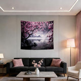 QGHOT Japanese Cherry Blossom Tapestry Wall Hanging Asian Anime Nature Mountain Wall Art Calming Lake Ocean Tapestries for Bedroom Living Room Decor 60x50in