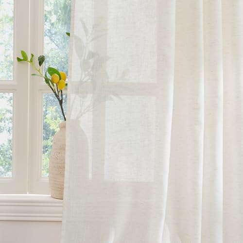 NICETOWN Sheer Linen Curtains 96 Inch Length for Bedroom Living Room 2 Panels, Ivory Rod Pocket & Back Tab Semi Sheer Drapes Privacy Semitransparent Farmhouse Window Treatment, W52 x L96