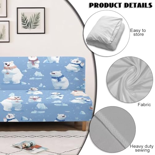 Polar Bear Print White Blue Dustproof Futon Covers, Cozy Sofa Bed Slipcovers, Mattress Cover for Futon Sofa Bed, Armless Sofa Cover with Elastic Bottom for Pets, Dogs