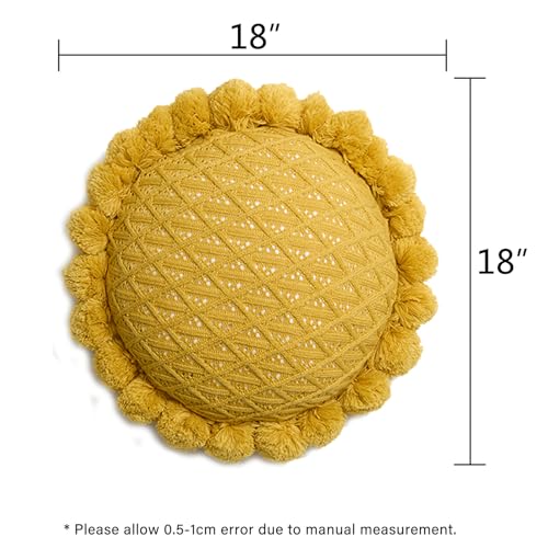 Acrylic Knitted Round Throw Pillow Knitting Bohemian Circular Cushion Pillow with Knit Handmade Pompoms Decorative Ginger Yellow, Diameter 18inches