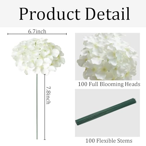 100 Pcs Faux White Hydrangea Artificial Flowers Bulk, Fake Silk Hydrangea Flowers Heads with Stems for Wedding Decorations Garden Party Baby Shower Porch Home Decor Table Centerpieces