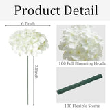 100 Pcs Faux White Hydrangea Artificial Flowers Bulk, Fake Silk Hydrangea Flowers Heads with Stems for Wedding Decorations Garden Party Baby Shower Porch Home Decor Table Centerpieces