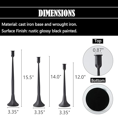 Iron Taper Candle Holder Set of 3, Black Candlestick Holders Decorative Candle Stand, Tapered Candle Holders Tall Set for Wedding, Dining Table, Home Decoration (Black)