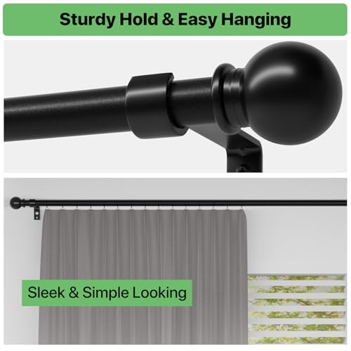 Curtain Rods for Windows 28 to 48 inch, 5/8 inch Black Curtain Rod Set with Brackets, Splicing Adjustable Metal Drapery Rod for Bedroom, Kitchen, Living Room, Matte Black