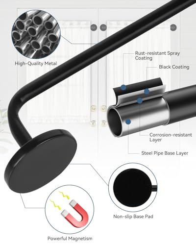 4 Pack Magnetic Curtain Rod for Metal Doors, French Door Curtain Rods Adjustable from 17 to 30 Inch, 3/8 Inch Diameter, Magnetic Cafe Curtains Rod, No Tool and Easy Installation, Black