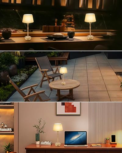 Cordless Lamp Rechargeable Table Lamps, 5000mAh Battery Operated Lights, 3 Level Brightness Dimmable, Portable Night Bedside Light for Patio, Restaurant, Dining, Fabric Shade, Antique Brass