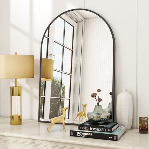 VooBang Arched Wall Mirror, 24 x 36 inch Arch Bathroom Mirror, Wall Mounted Vanity Mirror with Arch Metal Frame, Modern Bathroom Vanity Mirror for Bedroom, Living Room, Hanging or Leaning, Black