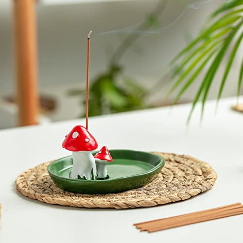 Cute Mushroom Incense Holder with 30 Incense Sticks, Handmade Resin Burner, Nature Theme Incense Tray, Adorable Home Decoration Accessories(Green)