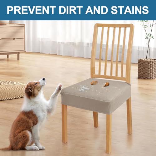 Smiry Waterproof Seat Covers for Dining Room Chairs Set of 6, Stretch Jacquard Removable Washable Chair Seat Slipcovers Protector, No Rear Covers, Taupe