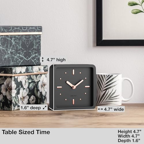 Driini Modern Mid Century Desk & Shelf Clock (Black Rose Gold) - Battery Operated with Silent, Analog Movement – Small Tabletop Clocks for Office – Perfect for Mantle, End Table, Desktop or Nightstand