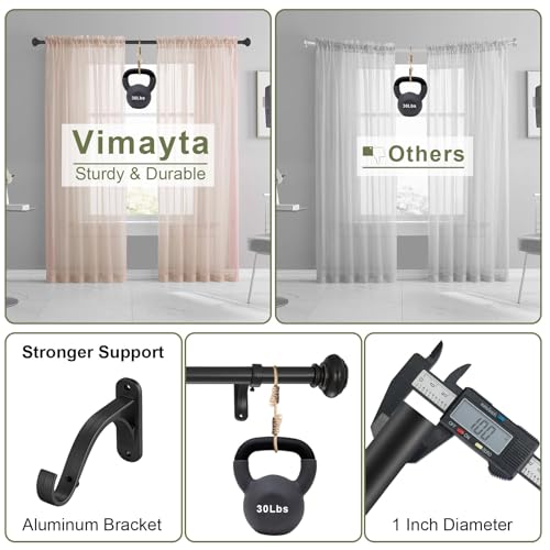 72-144 Inches Curtain Rods for Window, Vimayta 1 Inch Diameter Drapery Rod with Resin Finials, Ideal Adjustable Heavy Duty Single Curtains Rod for Bedroom, Living Room Decoration, Matte Black