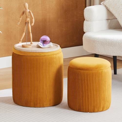 Set of 2 Round Storage Ottoman, Yellow Velvet Stool with Storage