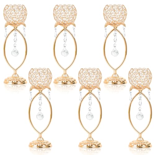 6 Pcs Gold Elegant Metal Crystal Tea Light Candle Holders with Crystal Pendants, Hollow Design - Wedding Table Centerpieces for Anniversary Birthday Party, Home Decor