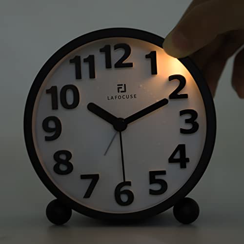 Lafocuse Metal Large 3D Numerals Easy to Read Analog Alarm Clock for Heavy Sleepers with Night Light and Snooze Function, Silent Black Bedside Clock for Bedroom Desk Shelf Table, 4 Inch