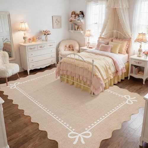 Garvee Scalloped Bow Rug for Living Room Washable Solid Camel 5x7 Area Rugs