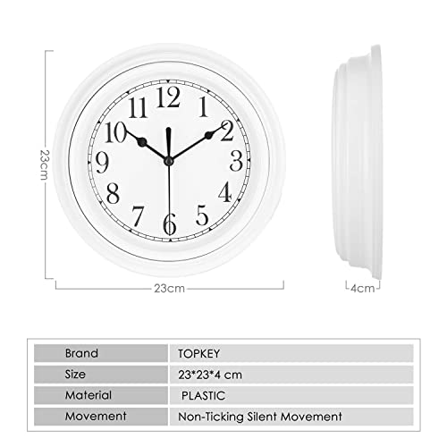 Topkey Silent Wall Clock Kitchen 9 Inch Retro Non-Ticking Decorative Bedroom Office Wall Clock - White