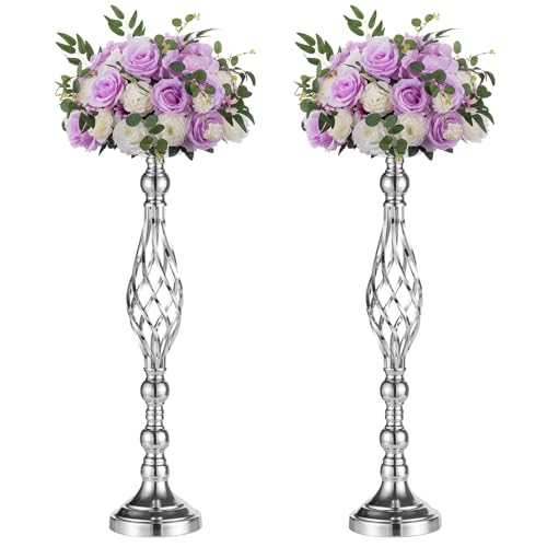 NUPTIO Silver Centerpiece Stand for Table, Twist Style, 22.8" Tall, 2 Pcs