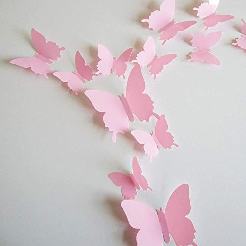 24pcs Kawaii 3D Butterfly Removable Mural Stickers Wall Stickers Decal for Home and Girls Room Decoration (Pink)