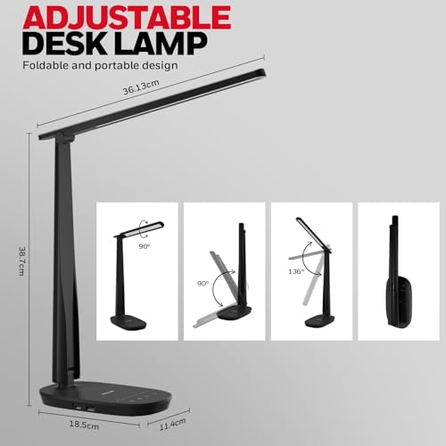 Honeywell HWT-H2 LED Desk Lamp for Home Office, CRI94 Full Spectrum Eye-Caring Light, Dimmable Table Lamp with USB-A & USB-C Charging Ports, Foldable Touch Control Reading Lamp, Black