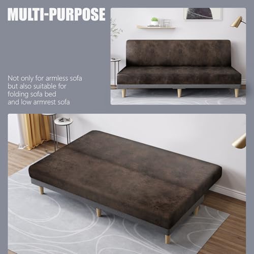 Leather Like Stretch Futon Slipcover Armless Futon Bed Sofa Cover Furniture Protector with Elastic Bottom, Soft and Washable Futon Cover for Sofa Bed Stay in Place（Larger，Dark Brown）