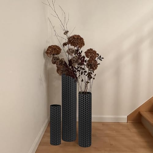 Black Tall Floor Vase - Set of 3 Extra Large Metal Decorative Vases for Living Room, 27.6" Long Modern Honeycomb Texture Big Cylinder Standing Corner Decor for Home Dining Bedroom Pampas Grass