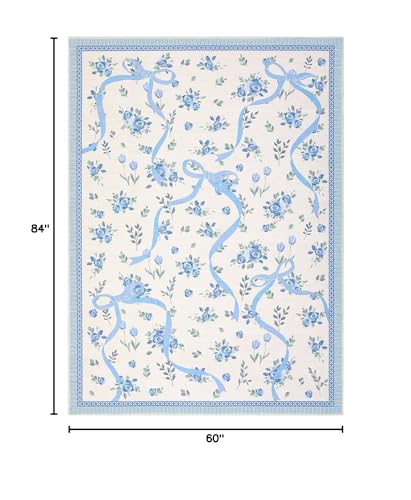 GarveeHome Floral Bow Rugs for Bedroom Girls, 5x7 Area Rugs for Living Room with Soft Low Pile, Non Slip Blue and White Washable Rug 5x7 for Nursery Kids Playroom Dining Room College Dorm Rug