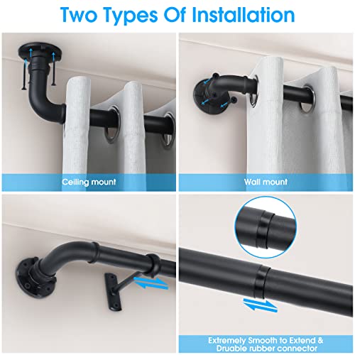 Industrial Curtain Rod, 1 Inch, Black, Rustic Finish, Steel, 30-144 inch curtain rod, Ceiling & Wall Mounted