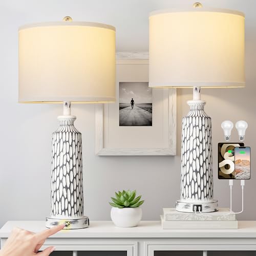 QiMH 26" Table Lamps Set of 2, Modern Bedside Lamps with USB A+C Ports, 3-Way Dimmable Touch Control & White Shade, Coastal White Gray Nightstand Lamp for Living Room Bedroom, Included 2700K LED Bulbs