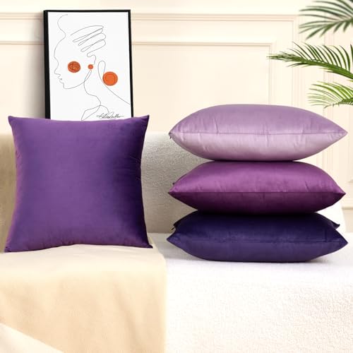 Throw Pillow Covers Set of 4 - 18x18 Velvet Sofa Pillow Covers for Living Room & Bed (Purple)