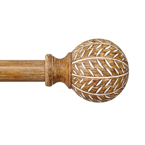 QDWIS Wood Curtain Rods for Windows 48 to 84 Inch,1'' Diameter Drapery Rods with Imitation Wood Grain Leaf Pattern Finials,Boho Adjustable Heavy Duty Curtain Rods Set,36-88'',Color:Natural Wood