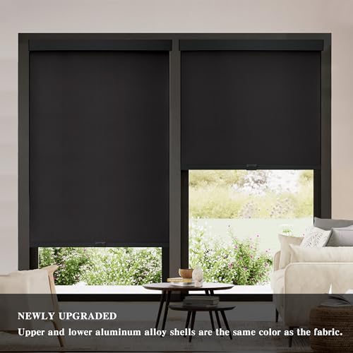 AOSKY Blackout Roller Shades Cordless Blinds for Windows, Free-Stop Shades with Valance, Thermal Insulated Fabric, UV Protection, Natural Woven Blinds for Home and Office (34" W x 72" H, Black)