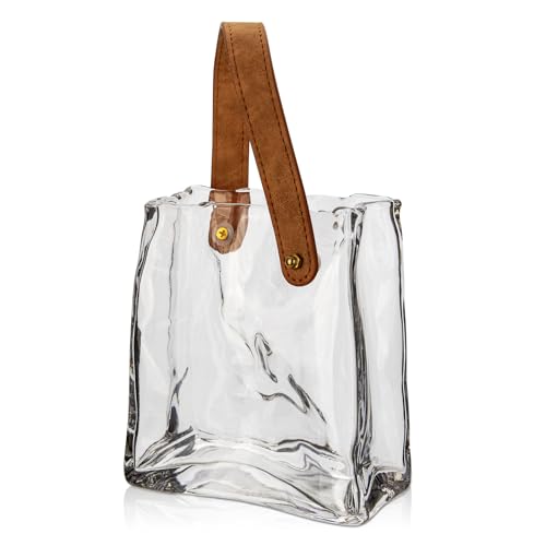 Glass Purse Vase for Flowers Clear Vases for Centerpieces Glass Bag Vase with Leather Handle Small Bag Vases for Decor Decorative Fish Bowl for Home Wedding Decor