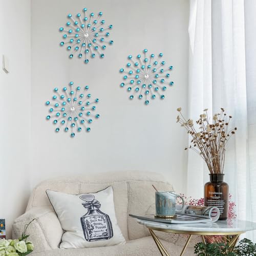 DXYAKY Set of 3 Blue Metal Starburst Wall Art Decor, Rhinestone Crystal Home Decor Accents, 9.8 Inch Decorative Wall Hanging Diamond, Jeweled Sparkle Wall Sculptures for Living Room Bedroom
