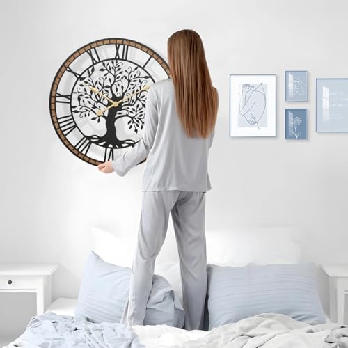 Micasso Battery Operated Wall Clock: 30 Inch Farmhouse Tree of Life Metal with Wood Frame - Rustic Bold Roman Numerals Wall Clocks for Home Office/Living Room/Bedroom - Home Decor for Housewife