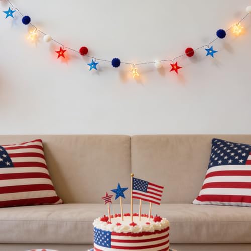4th of July Decorations 9.5FT Red White Blue Pompom String Lights Battery Operated 8 Lighting Modes & Timer 20 LED Patriotic Fairy Lights for Independence Day, Memorial Day, Presidents Day, Bedroom