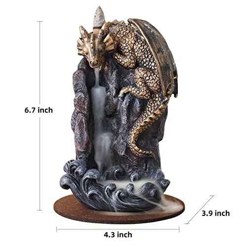 Dragon Backflow Incense Holder Waterfall Incense Burner, with 100 Backflow Incense Cones,1 Mat,1 Tweezers，Aromatherapy Ornamental for Home Office Yoga （Golden Dragon）