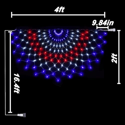 3 Packs American Flag Lights Outdoor - 4x2 FT Half Fan Shape Patriotic Net Light with 8 Modes, 450 LED Waterproof Red White and Blue Lights, 4th of July Memorial Day Decorations for 250th Anniversary