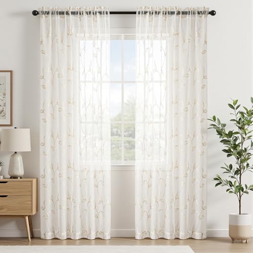 VISIONTEX 2 Panels Sheer Curtains 84 Inches Long, Cream Beige Floral Leaf Embroidered Semi Sheer Voile Curtains, Rod Pocket Light Filtering Window Drapes for Bedroom Living Room 54W x 84L