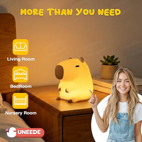 UNEEDE Cute Capybara Night Light, Novelty Animal Silicone Nursery Night Light Rechargeable Table Bedside Lamp with Touch Sensor for Bedroom Living Room Squishy Capybara Stuff Boys Girls Gifts