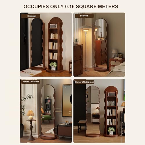 360° Rotating Full Length Mirror with Bookshelf & Magazine Rack, Floor-Standing Body Mirror for Bedroom, Living Room & Study Room, 66.9" Tall Dressing Mirror