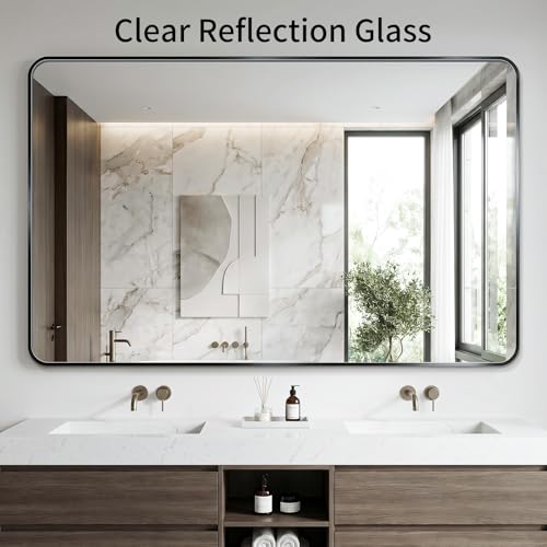 Koonmi Bathroom Mirror, 30X36 Inch Black Metal Framed Mirror for Bathroom, Tempered Glass, Anti-Rust, Rounded Rectangle Mirror for Restroom, Bedroom, Black