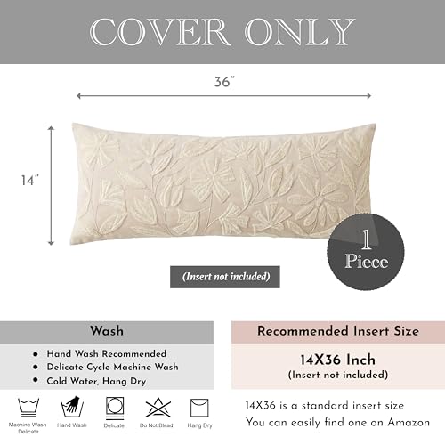 BlissBlush 14x36 Lumbar Pillow Cover for Bed, Rectangular Decorative Long Throw Pillowcase, Embroidered Farmhouse Accent Cushion, Beige Neutral Floral Tufted (Cover Only)